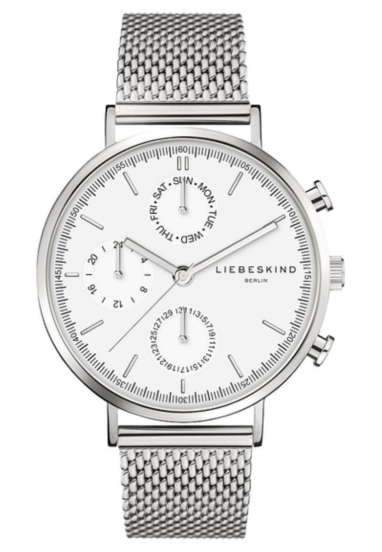 Silberner Edelstahlchronograf mit weißem Zifferblatt, ausgestattet mit Tages- und Datumsunterziffern, Mesh-Armband und minimalistischen Stundenmarkierungen.