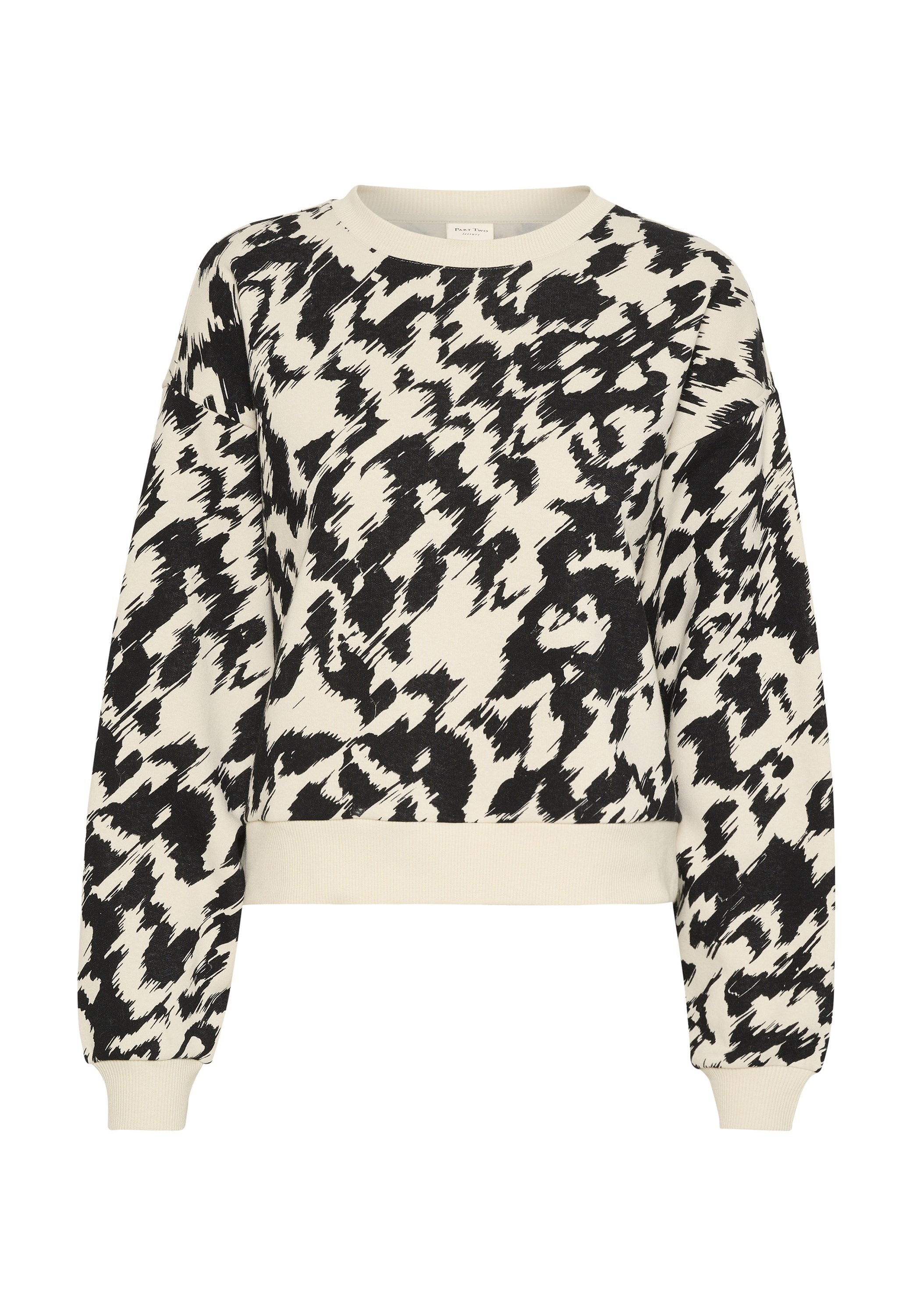 Schwarz-weißer, verkürzter Sweatshirt mit Leopardenmuster, strukturiertem Stoff, geripptem Halsabschluss und Bündchen.