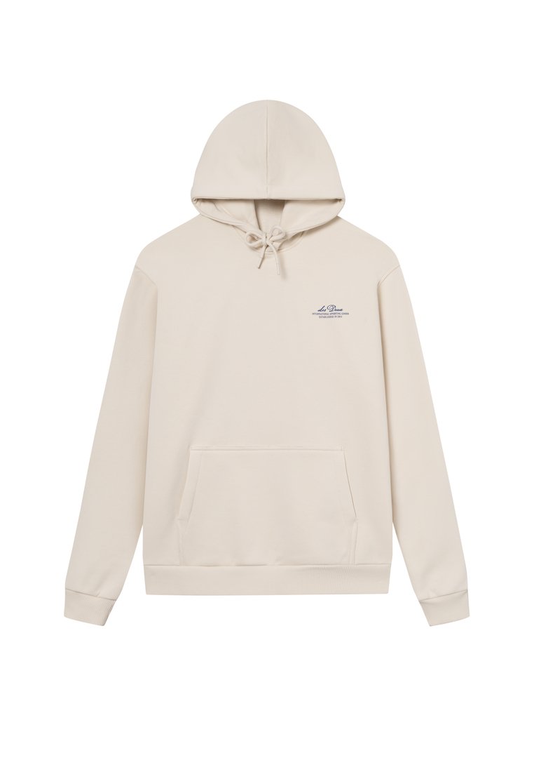 Beige Kapuzenpullover mit einer vorderen Kängurutasche, verstellbarem Kordelzug und kleinem blauen Logo auf der Brust. Weicher, glatter Stoff.