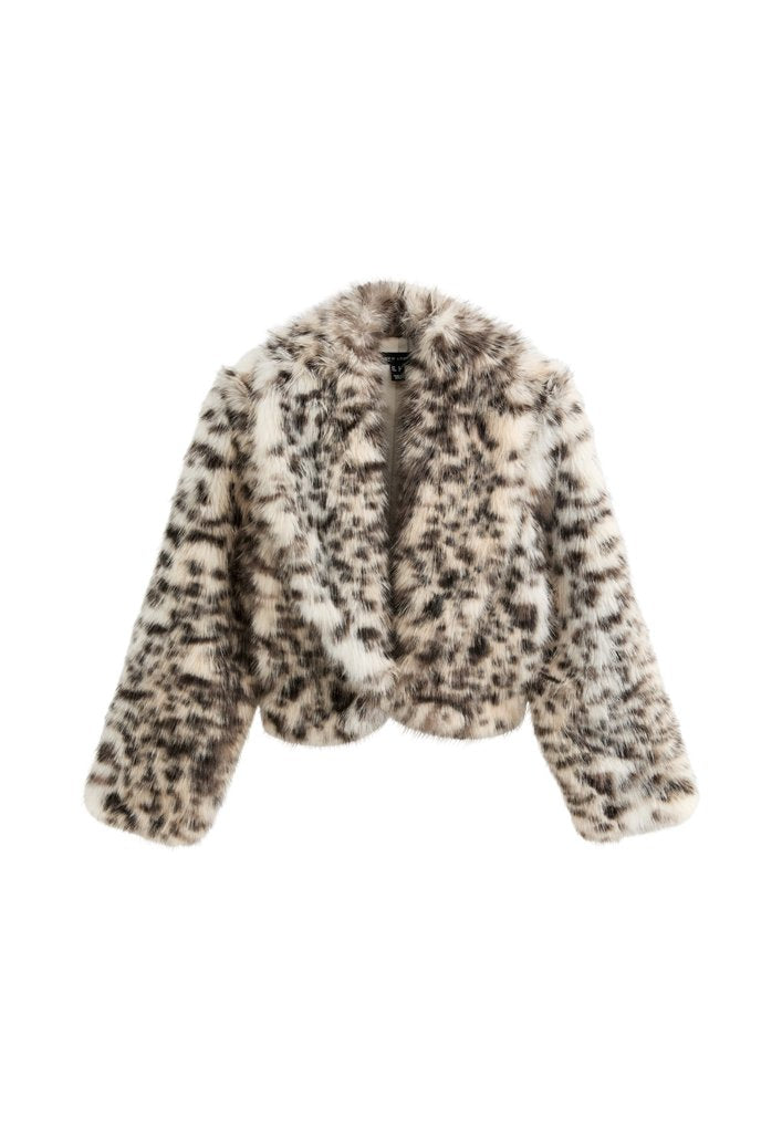 Faux-Fur-Bolerojacke in Beige mit schwarzem Tupfenmuster. Verfügt über einen Schalkragen und einen weichen, strukturierten Stoff.
