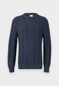 Marineblauer Pullover mit Rundhalsausschnitt, Rippenbündchen und Saum, mit strukturiertem Muster und gewebtem Design.