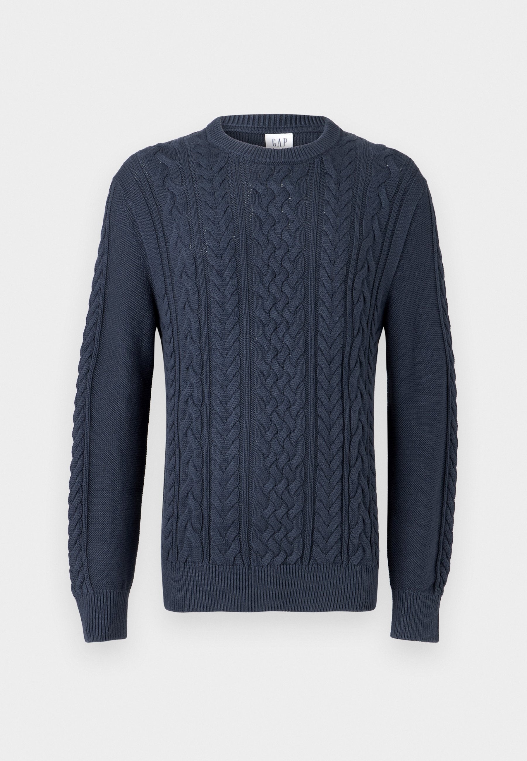Marineblauer Pullover mit Rundhalsausschnitt, Rippenbündchen und Saum, mit strukturiertem Muster und gewebtem Design.