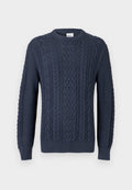 Marineblauer Pullover mit Rundhalsausschnitt, Rippenbündchen und Saum, mit strukturiertem Muster und gewebtem Design.