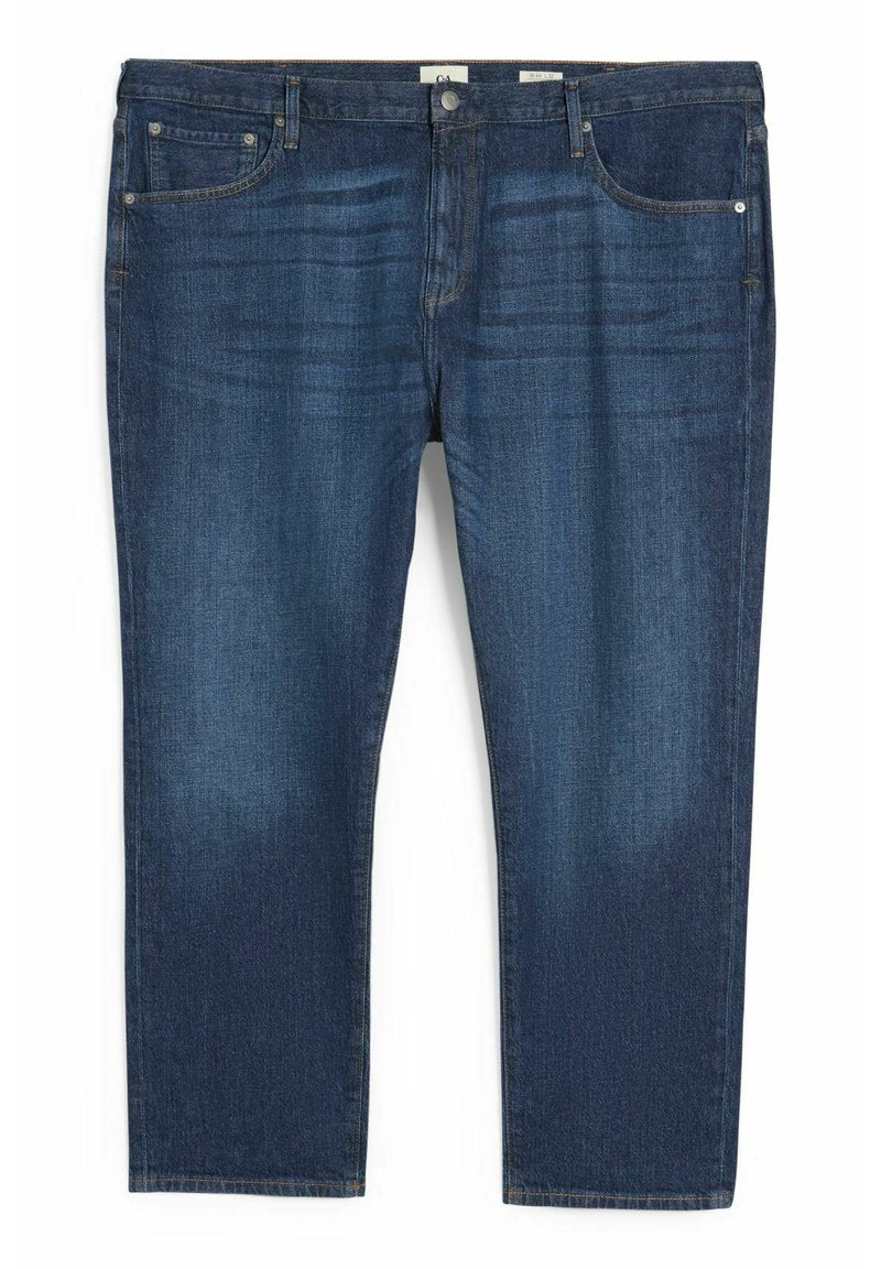 Blaue Jeans aus Denim verfügen über ein gerades Bein mit mittlerem Waschungsgrad, zwei vorderen Taschen und einem klassischen Knopf- und Reißverschluss.