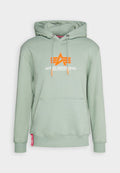 Hellgrüner Hoodie mit Kordeln, Fronttasche und orangefarbenem Logo mit geometrischem Design. Gerippte Bündchen und Saum mit seitlichem Etikett-Detail.