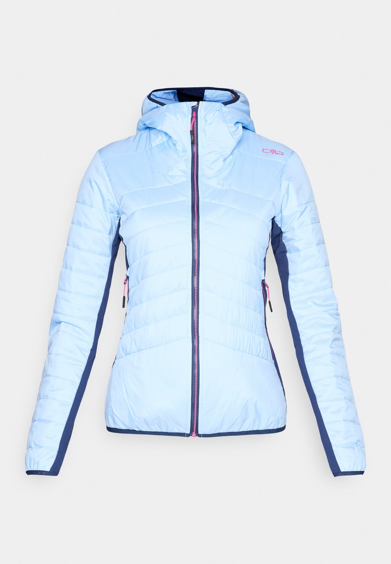 Hellblaue gesteppte Damenjacke mit Kapuze, dunkelblauen Seitenpaneelen und pinkfarbenen Reißverschlussdetails, vor weißem Hintergrund dargestellt.