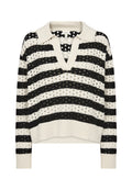 Gestreifter Pullover aus schwarzem und cremefarbenem Strick mit V-Ausschnitt und Kragen. Verfügt über ein Lochmuster sowie gerippte Bündchen und Saum.
