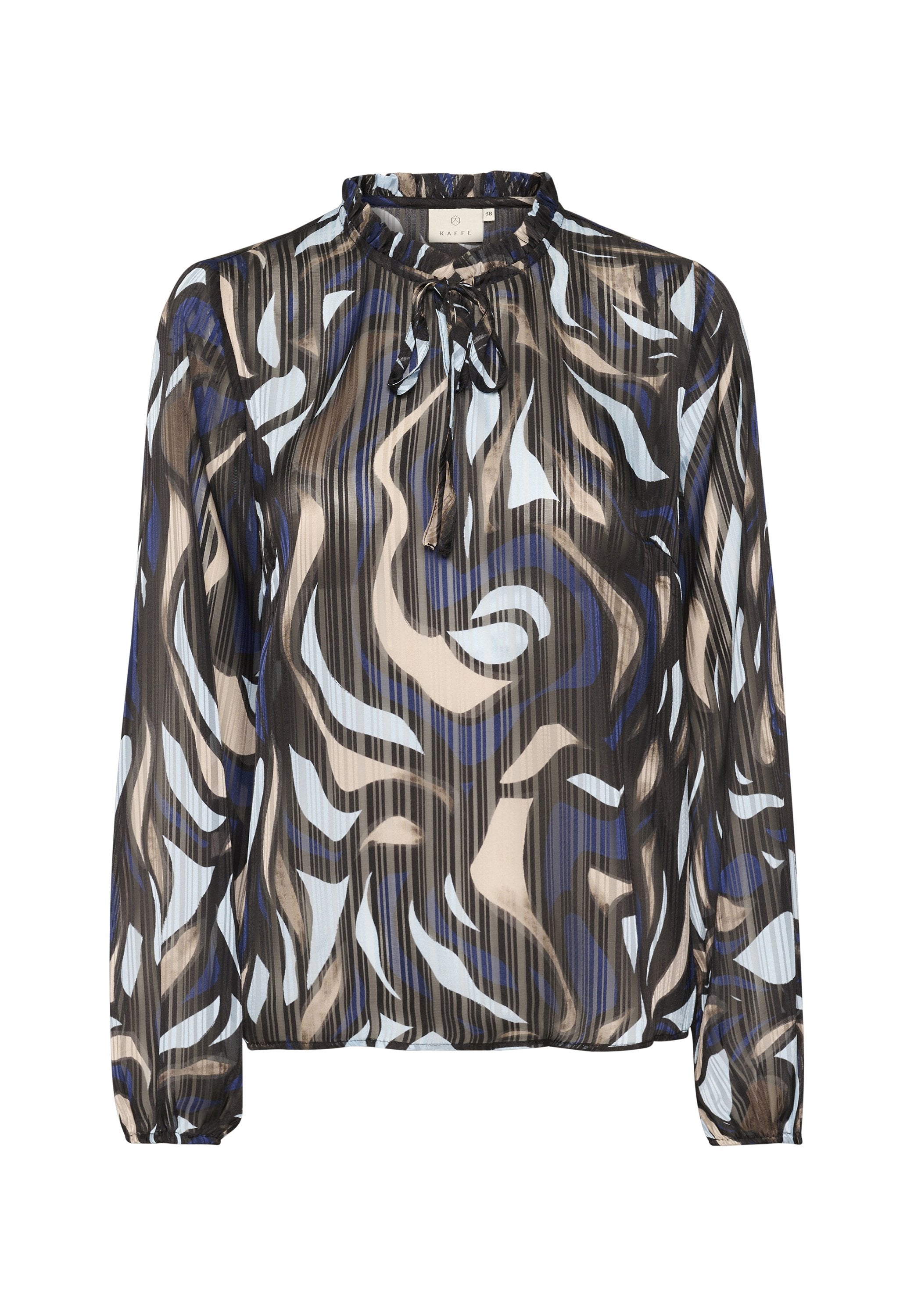 Langärmlige Bluse mit hohem Kragen, ausgestattet mit einem wirbelnden Muster in Blau, Beige und Schwarz, aus leichtem, strukturiertem Stoff mit einer Bindegurtdetail.