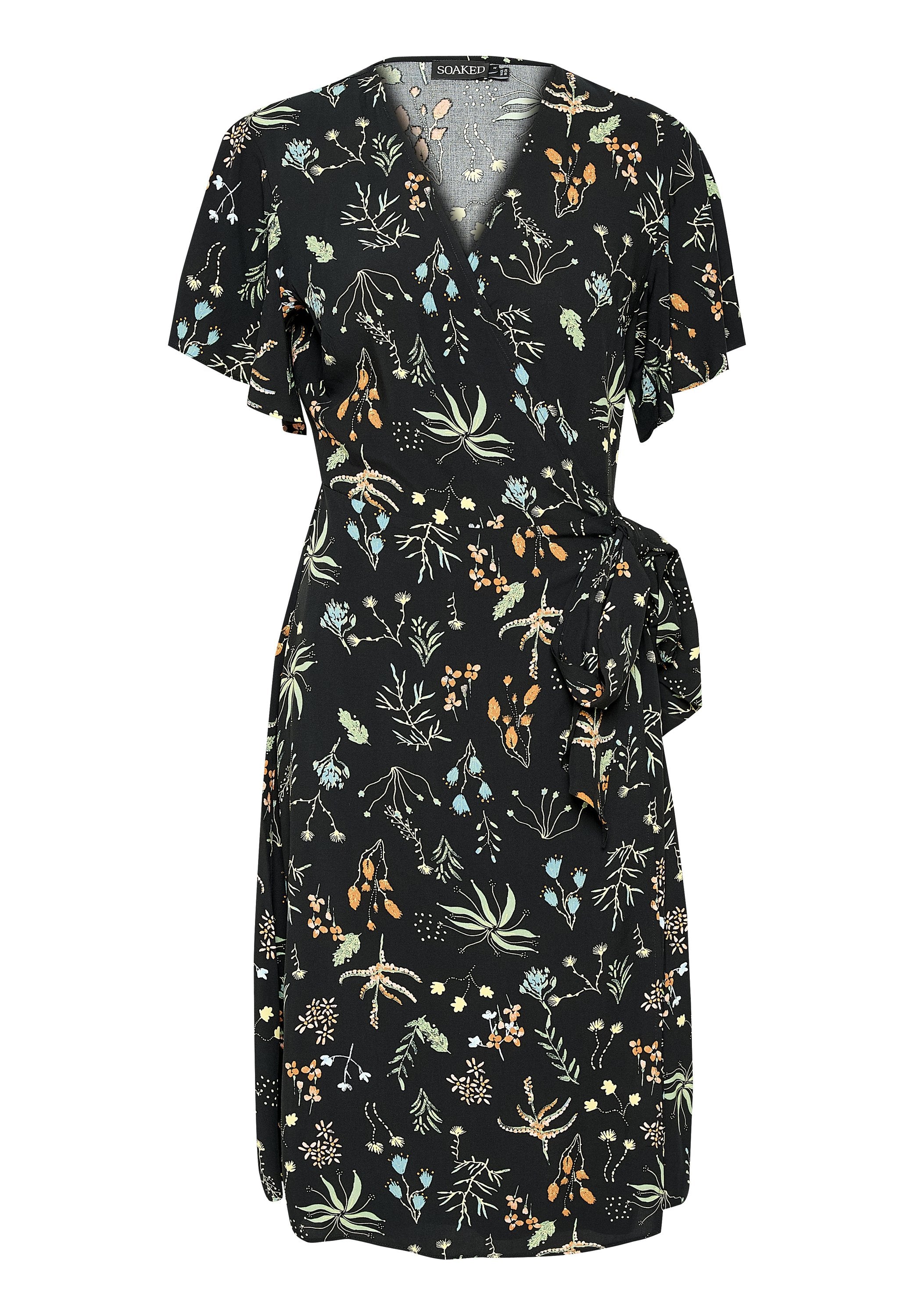 Schwarzes Wickelkleid mit kurzen, flatternden Ärmeln und einem gebundenen Taillengürtel, verziert mit bunten floralen Mustern in Grün, Blau und Orange.