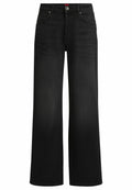 Schwarze weite Jeans aus Denim mit glatter Textur. Verfügt über fünf Taschen, einen Frontknopfverschluss und markenbezogene Akzente am Bund.
