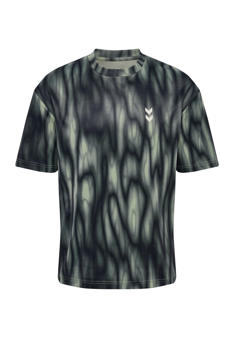 Kurzarm-T-Shirt aus leichtem Stoff mit einem schwarz-grünen abstrakten Muster, Rundhalsausschnitt und dezentem Logo.