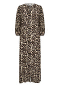 Beige- und schwarze Leopardenmuster-Kleid mit runder Ausschnitt und Bindeband, langen Puffärmeln und geradem Design bis zum Knöchel.