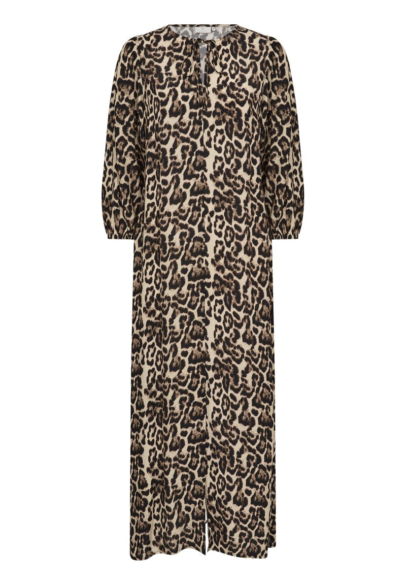 Beige- und schwarze Leopardenmuster-Kleid mit runder Ausschnitt und Bindeband, langen Puffärmeln und geradem Design bis zum Knöchel.