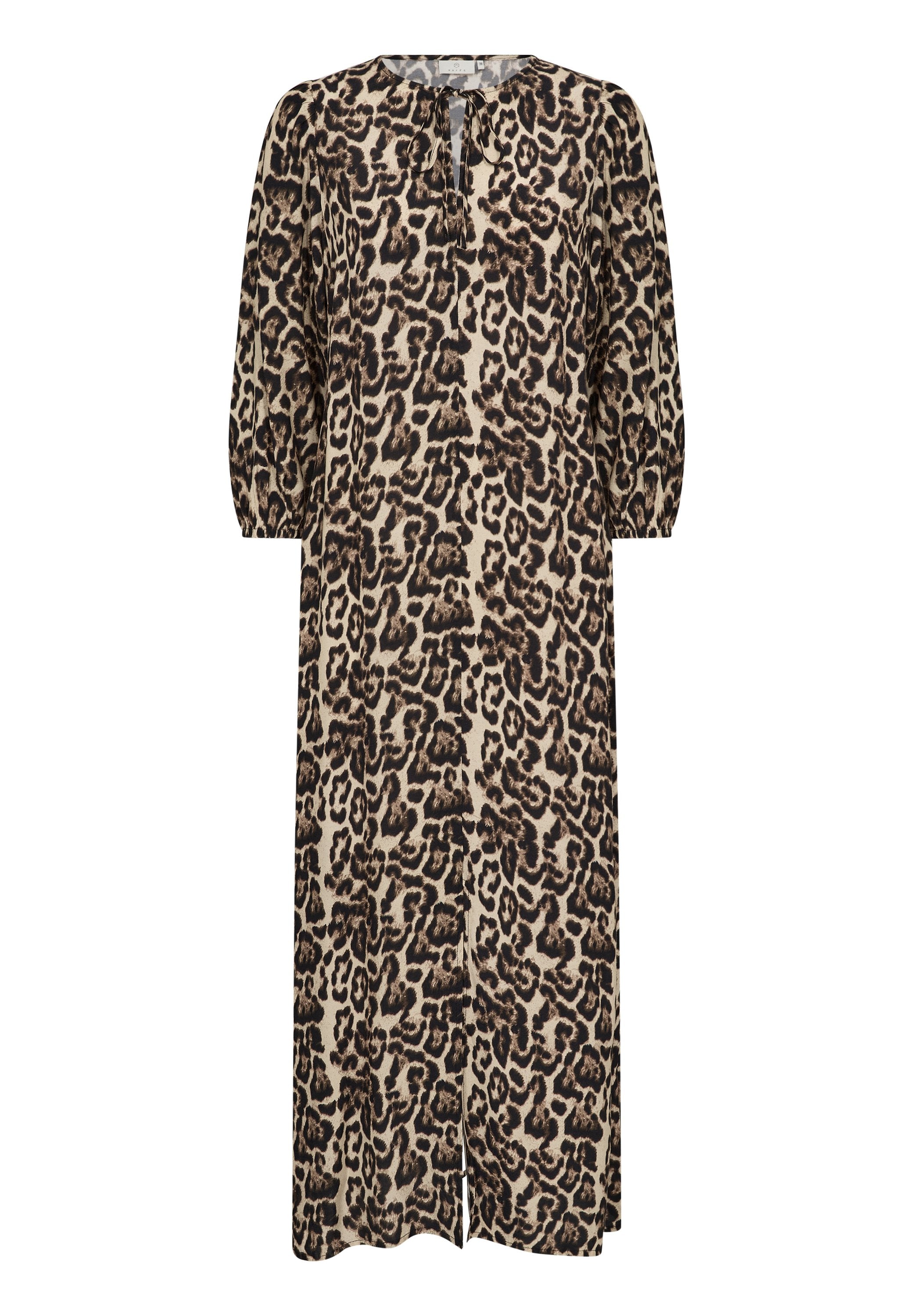 Beige- und schwarze Leopardenmuster-Kleid mit runder Ausschnitt und Bindeband, langen Puffärmeln und geradem Design bis zum Knöchel.