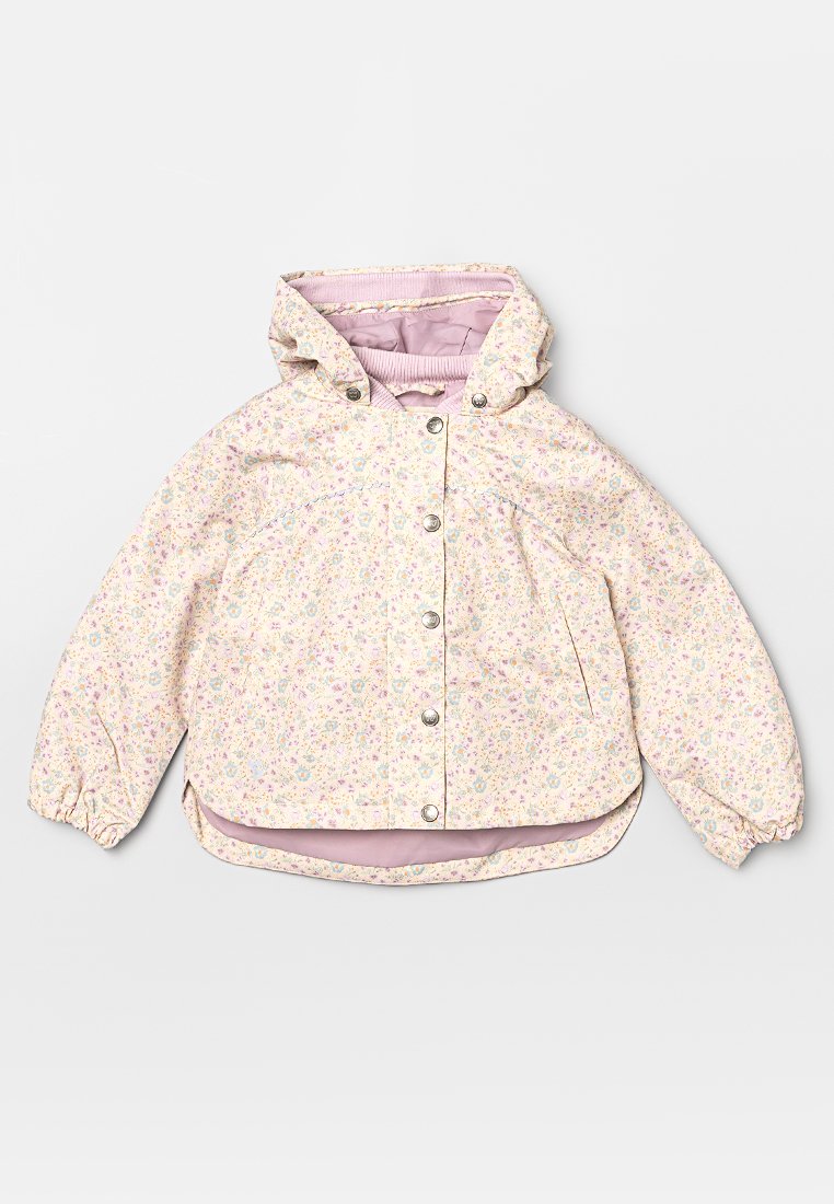 Helle rosa Blumenkopfjacke mit Kapuze, elastischen Bündchen und silbernen Druckknöpfen. Innen mit einer einfarbigen Pastellfarbe gefüttert.