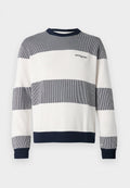 Gestreifter Pullover in Marineblau und Weiß, mit gerippter Textur, rundem Kragen und Logo-Stickerei auf der Brust.