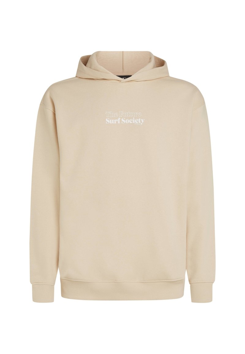Beige Kapuzenpullover aus weichem Stoff, mit einem Frontdruck "The Future Surf Society" in Weiß. Normale Passform mit gerippten Bündchen.