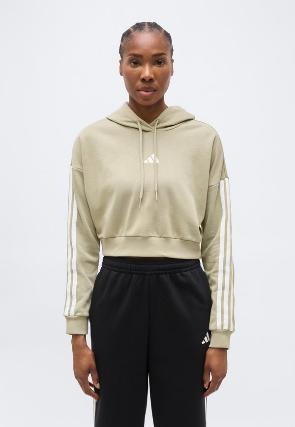 adidas Sportswear ESSENTIALS 3 STRIPES FRENCH TERRY CROPPED - Hoodie - khaki/white