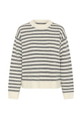 Grauer und weiß gestreifter Pullover mit rundem Halsausschnitt, langen Ärmeln und gerippten Bündchen und Saum. Weiche Textur, leicht verkürztes Design.