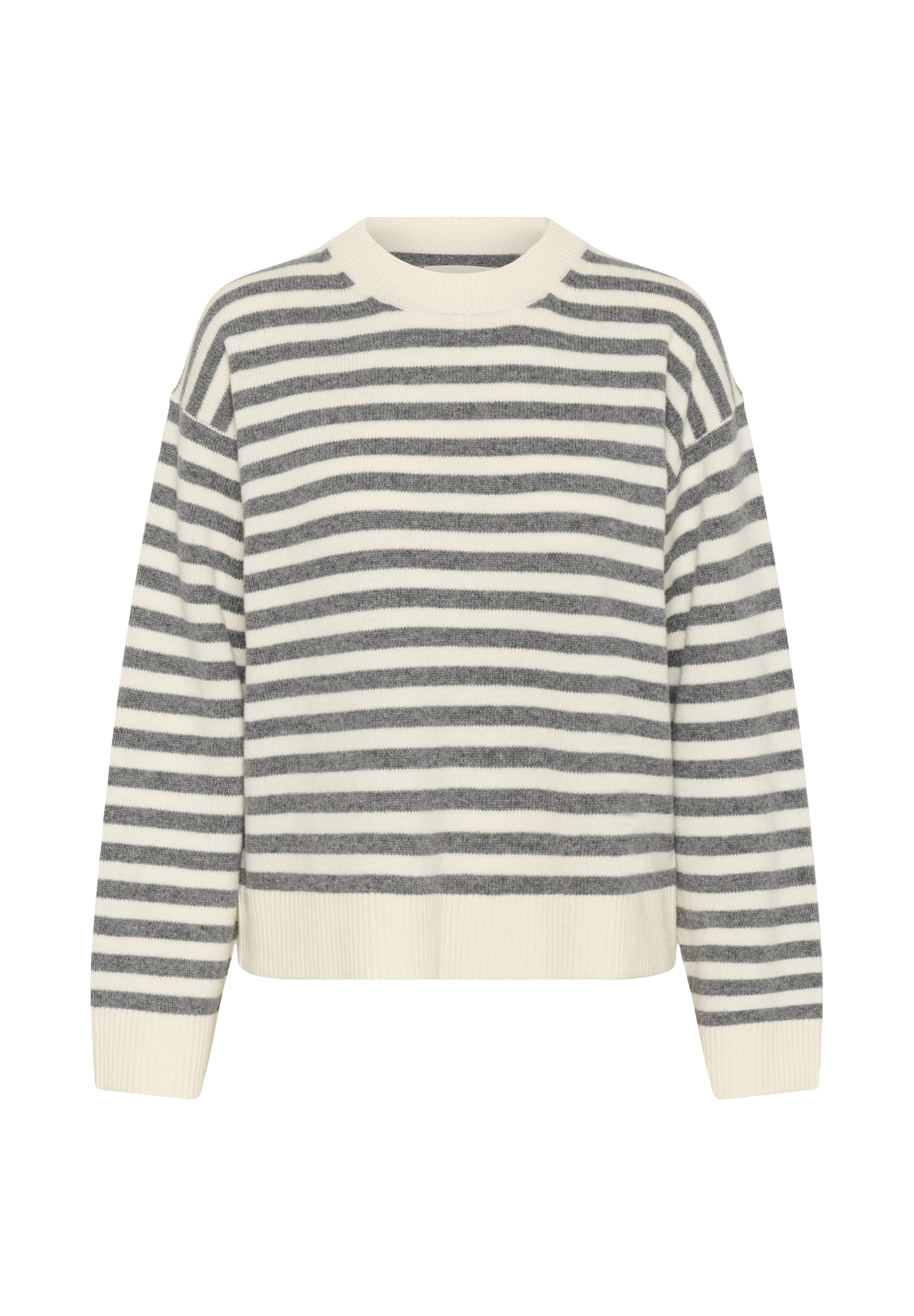 Grauer und weiß gestreifter Pullover mit rundem Halsausschnitt, langen Ärmeln und gerippten Bündchen und Saum. Weiche Textur, leicht verkürztes Design.