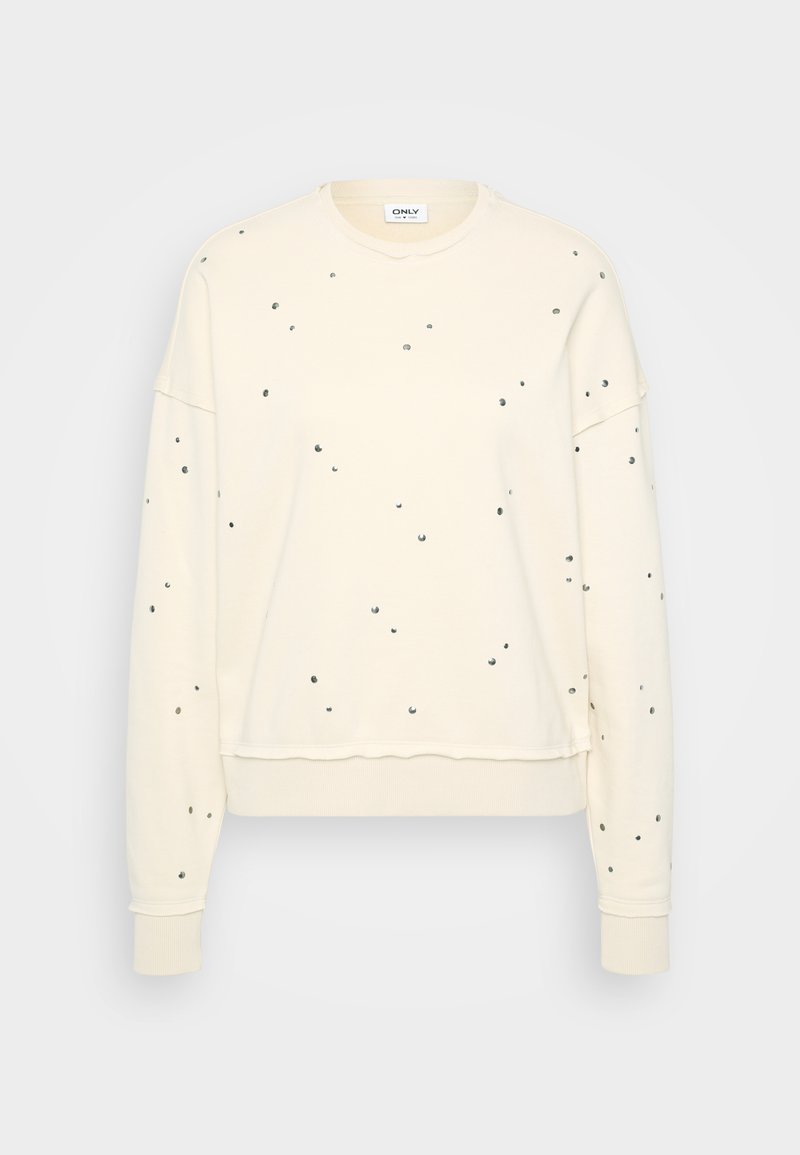 Cremefarbener Sweatshirt mit langen Ärmeln, verziert mit verstreuten metallic Nieten, gerippten Manschetten und einem runden Ausschnitt.