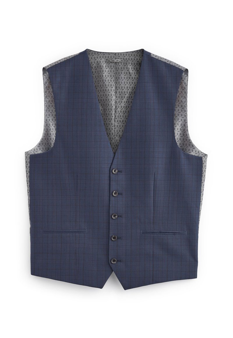 Marineblaue Weste mit Karomuster, fünf Knöpfen und zwei Vorderentaschen. Gefüttert mit einem geometrischen grauen Muster. Ärmelloses Design.