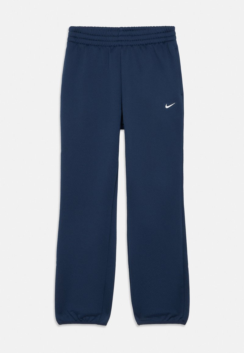 Navyblaue Nike-Sweatpants mit elastischem Bund und Bündchen, mit kleinem weißem Nike-Swoosh-Logo am linken Oberschenkel.