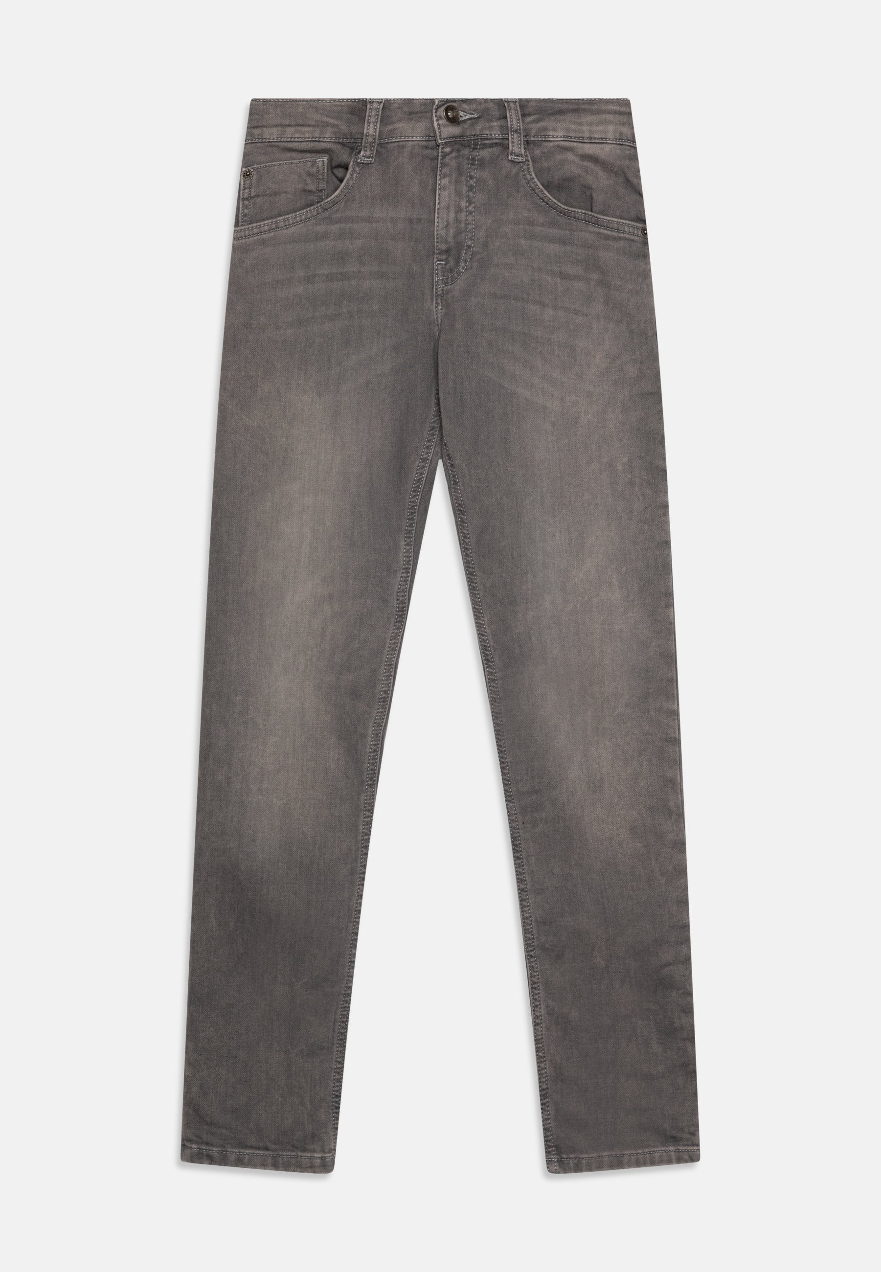 Graue Denim-Jeans mit geradem Bein, ausgestattet mit fünf Taschen, Gürtelschlaufen und einem Knopfverschluss. Glatte Textur mit verwaschenem Finish.