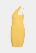Gelbes einseitiges Kleid aus dehnbarem Stoff, taillierte Form, knielang, mit diagonellem Ausschnitt und einem schmalen Träger.