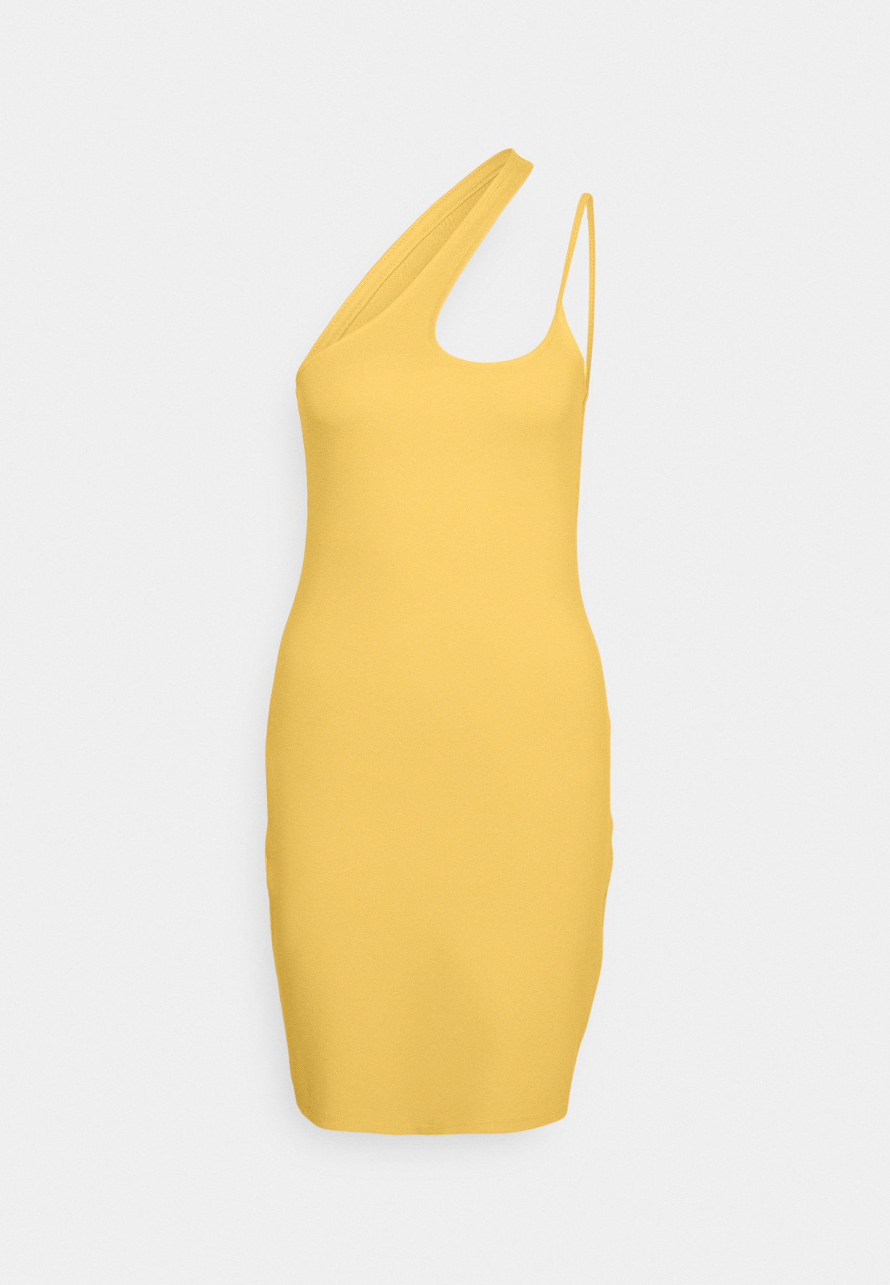 Gelbes einseitiges Kleid aus dehnbarem Stoff, taillierte Form, knielang, mit diagonellem Ausschnitt und einem schmalen Träger.