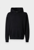 Schwarze Baumwollkapuzenjacke mit verstellbarem Kapuzenzug, Fronttasche, langen Ärmeln sowie gerippten Bündchen und Saum. Glatte Textur, lässiges Design.