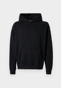 Schwarze Baumwollkapuzenjacke mit verstellbarem Kapuzenzug, Fronttasche, langen Ärmeln sowie gerippten Bündchen und Saum. Glatte Textur, lässiges Design.