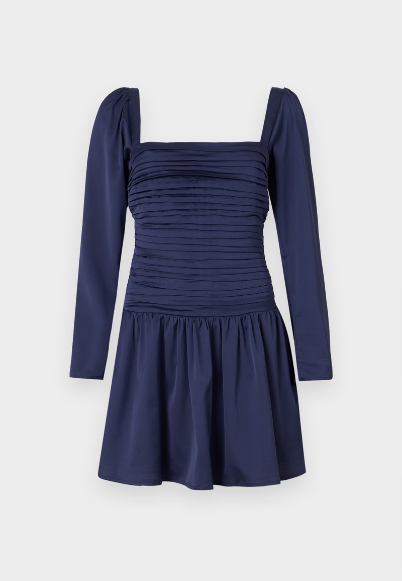 Marineblaues Kleid mit langen Puffärmeln, gerafftem Oberteil und gerafftem Rock. Glatter Stoff mit einem strukturierten quadratischen Ausschnitt.