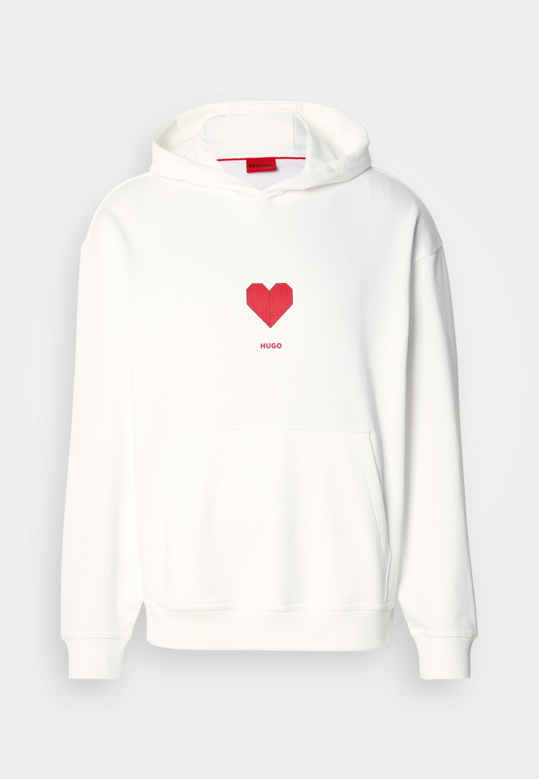 Weißer Kapuzenpullover mit rotem Herzgrafik und "HUGO"-Schriftzug. Verfügt über eine Fronttasche, gerippte Bündchen und eine weiche Textur. Schlichtes Design.