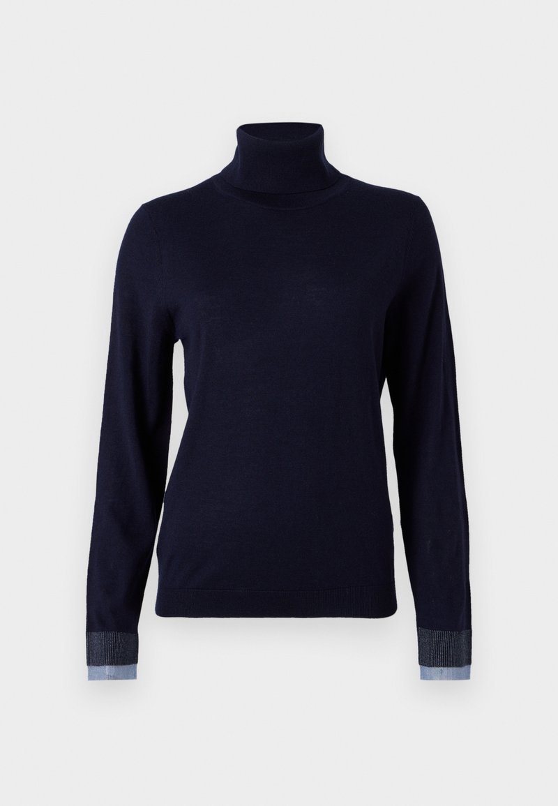 Marinefarbener Rollkragenpullover aus weichem Material, mit langen Ärmeln und denimähnlichen Akzenten an den Bündchen, in taillierter Passform.