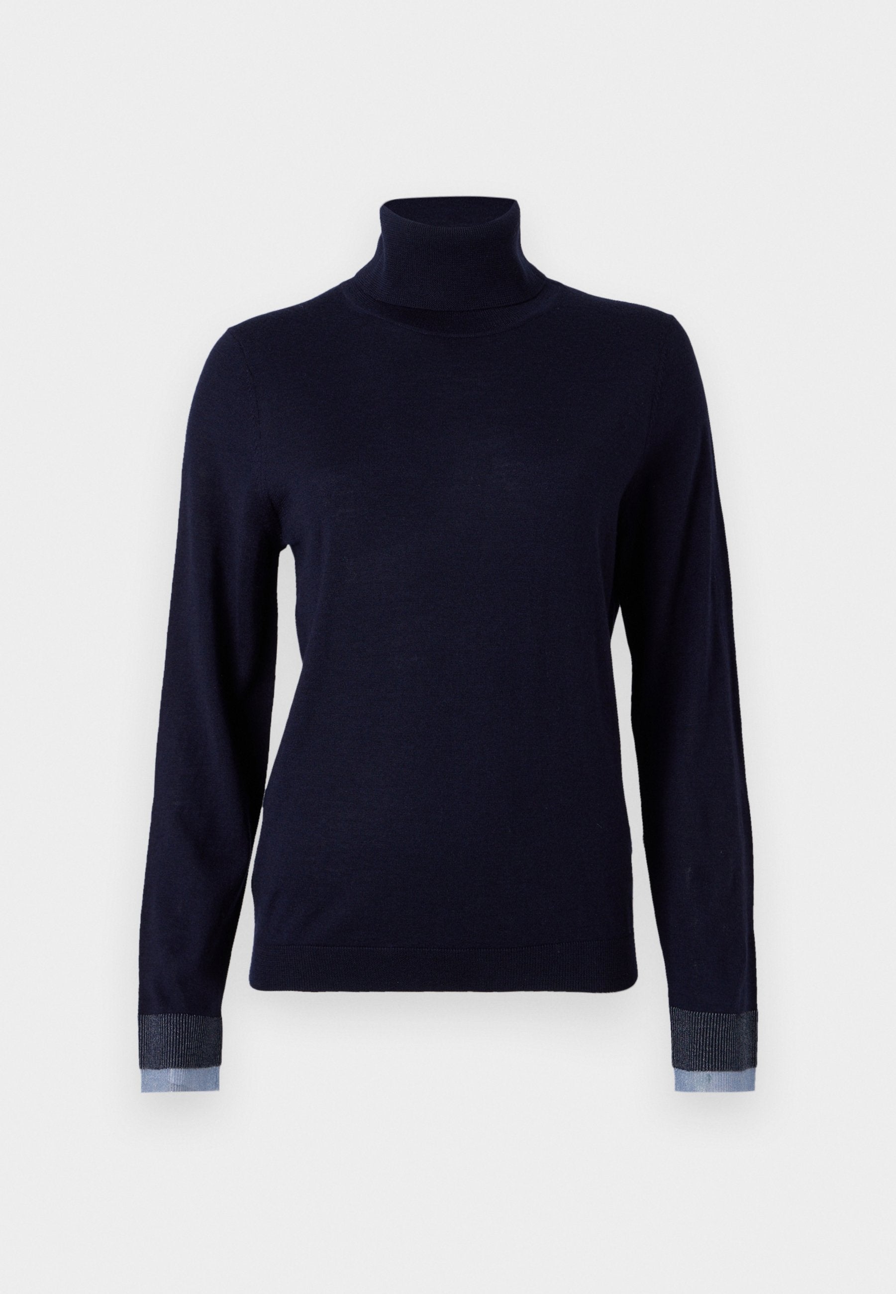 Marinefarbener Rollkragenpullover aus weichem Material, mit langen Ärmeln und denimähnlichen Akzenten an den Bündchen, in taillierter Passform.