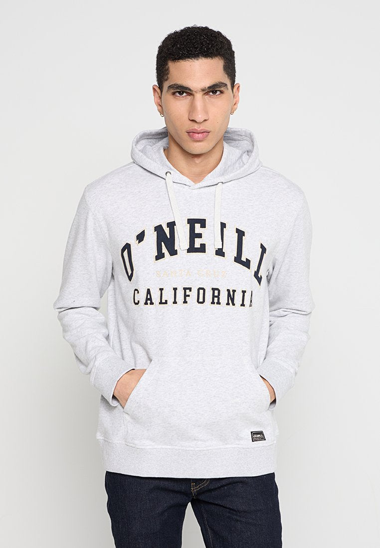 Grauer Hoodie mit Kordelzügen, großes "O'NEILL CALIFORNIA"-Logo in Dunkelblau und Gold, Fronttasche, gerippte Bündchen und Saum, Mischgewebe aus Baumwolle.