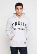 Grauer Hoodie mit Kordelzügen, großes "O'NEILL CALIFORNIA"-Logo in Dunkelblau und Gold, Fronttasche, gerippte Bündchen und Saum, Mischgewebe aus Baumwolle.