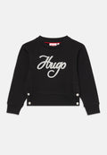 Schwarzer Baumwoll-Sweatshirt mit einem gestickten "Hugo"-Logo in Grau, geripptem Rundhalsausschnitt und Druckknopfdetails am seitlichen Saum.