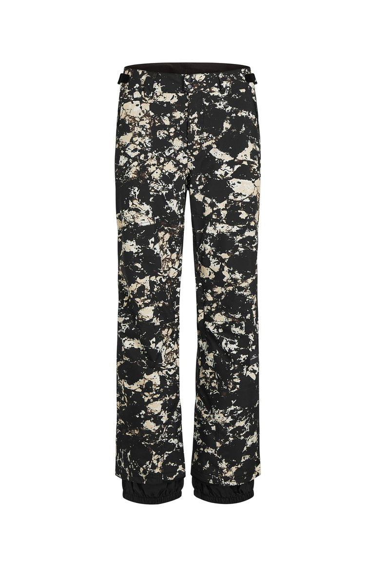 Schwarze wasserfeste Schneehosen mit einem Spritzer-Muster in Creme und Braun. Verfügt über einen elastischen Saum und einen verstellbaren Bund.