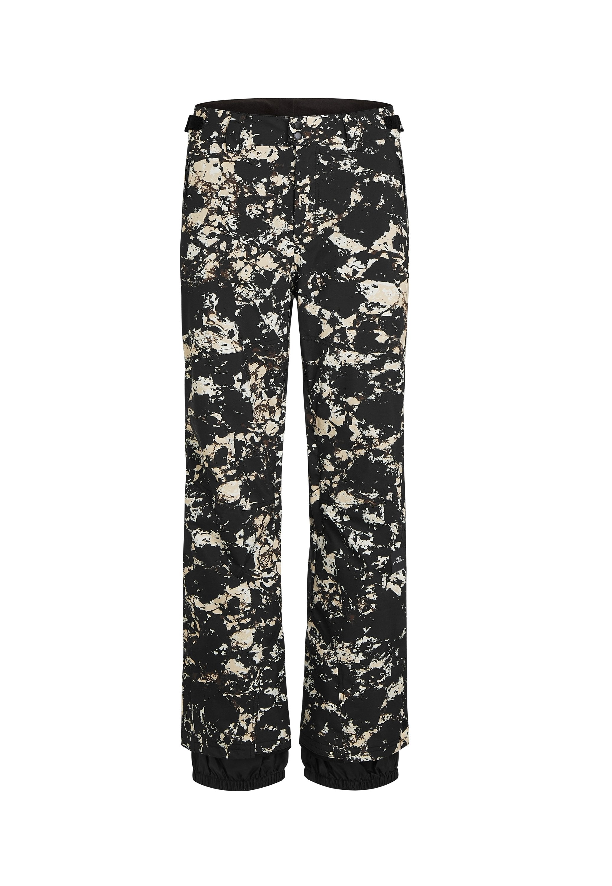 Schwarze wasserfeste Schneehosen mit einem Spritzer-Muster in Creme und Braun. Verfügt über einen elastischen Saum und einen verstellbaren Bund.