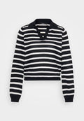 Schwarz-weiß gestreifter Strickpullover mit langen Ärmeln, V-Ausschnitt und gerippten Bündchen und Saum.