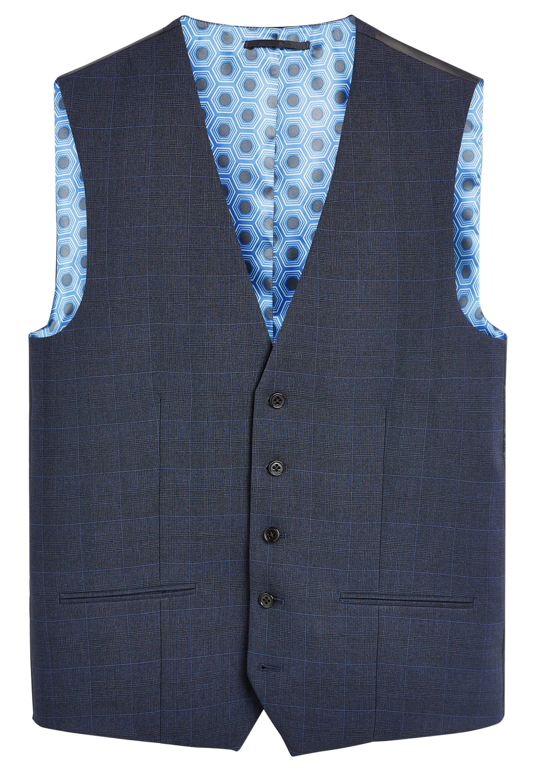Dunkelgraue Weste mit einem subtilen karierten Muster, ausgestattet mit fünf schwarzen Knöpfen und einem blauen hexagonalen Futter. Zwei Fronttaschen sind enthalten.
