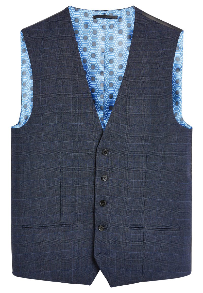 Dunkelgraue Weste mit einem subtilen karierten Muster, ausgestattet mit fünf schwarzen Knöpfen und einem blauen hexagonalen Futter. Zwei Fronttaschen sind enthalten.
