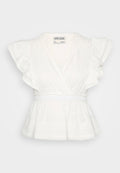 Weißes Peplum-Top mit gefransten Kurzärmeln, einem Wickeldesign, horizontalen Streifen, einem elastischen Taillenbund und gewellten Saumdetails.