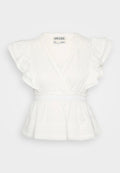 Weißes Peplum-Top mit gefransten Kurzärmeln, einem Wickeldesign, horizontalen Streifen, einem elastischen Taillenbund und gewellten Saumdetails.