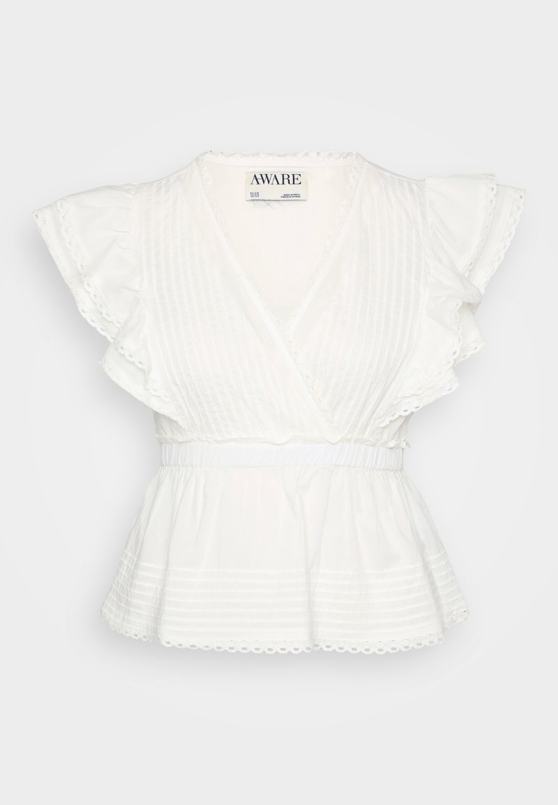 Weißes Peplum-Top mit gefransten Kurzärmeln, einem Wickeldesign, horizontalen Streifen, einem elastischen Taillenbund und gewellten Saumdetails.