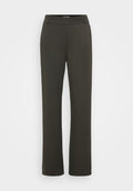 Dunkelgrüne Hose aus glattem, elastischem Material, mit einem flachen Bund und geradem Bein. Keine sichtbaren Taschen oder Verzierungen.