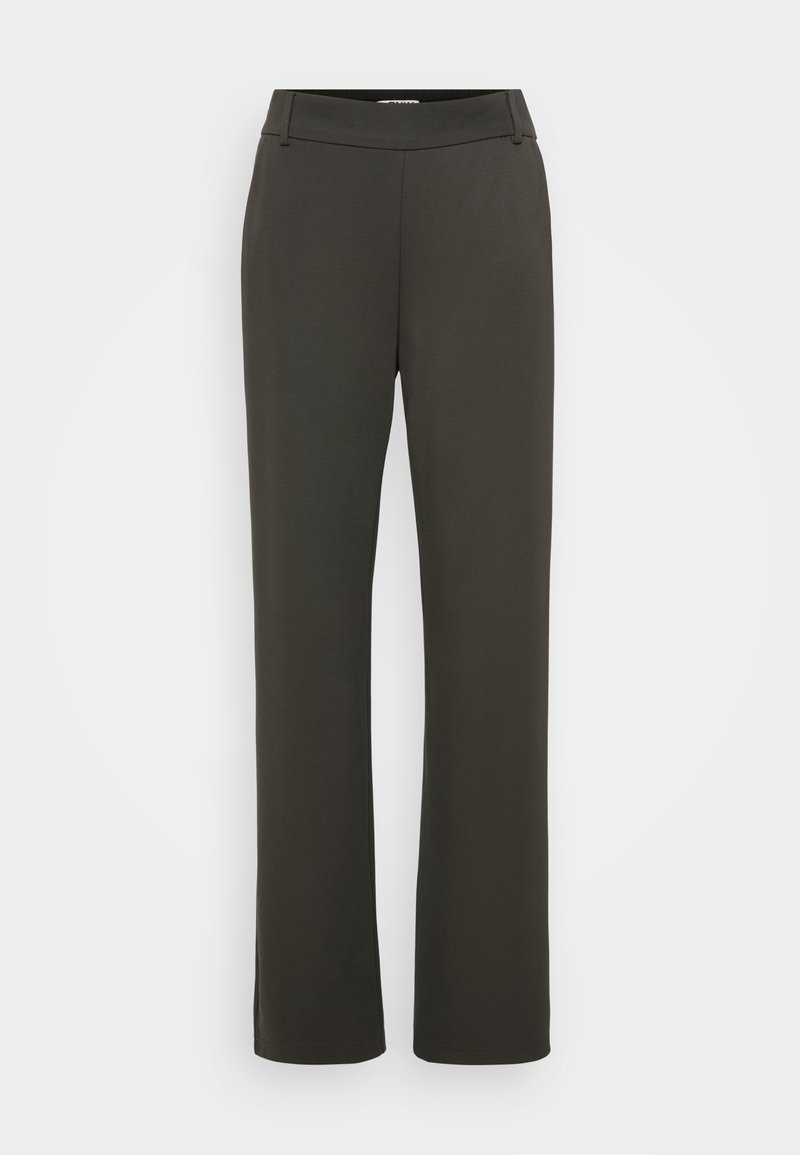 Dunkelgrüne Hose aus glattem, elastischem Material, mit einem flachen Bund und geradem Bein. Keine sichtbaren Taschen oder Verzierungen.