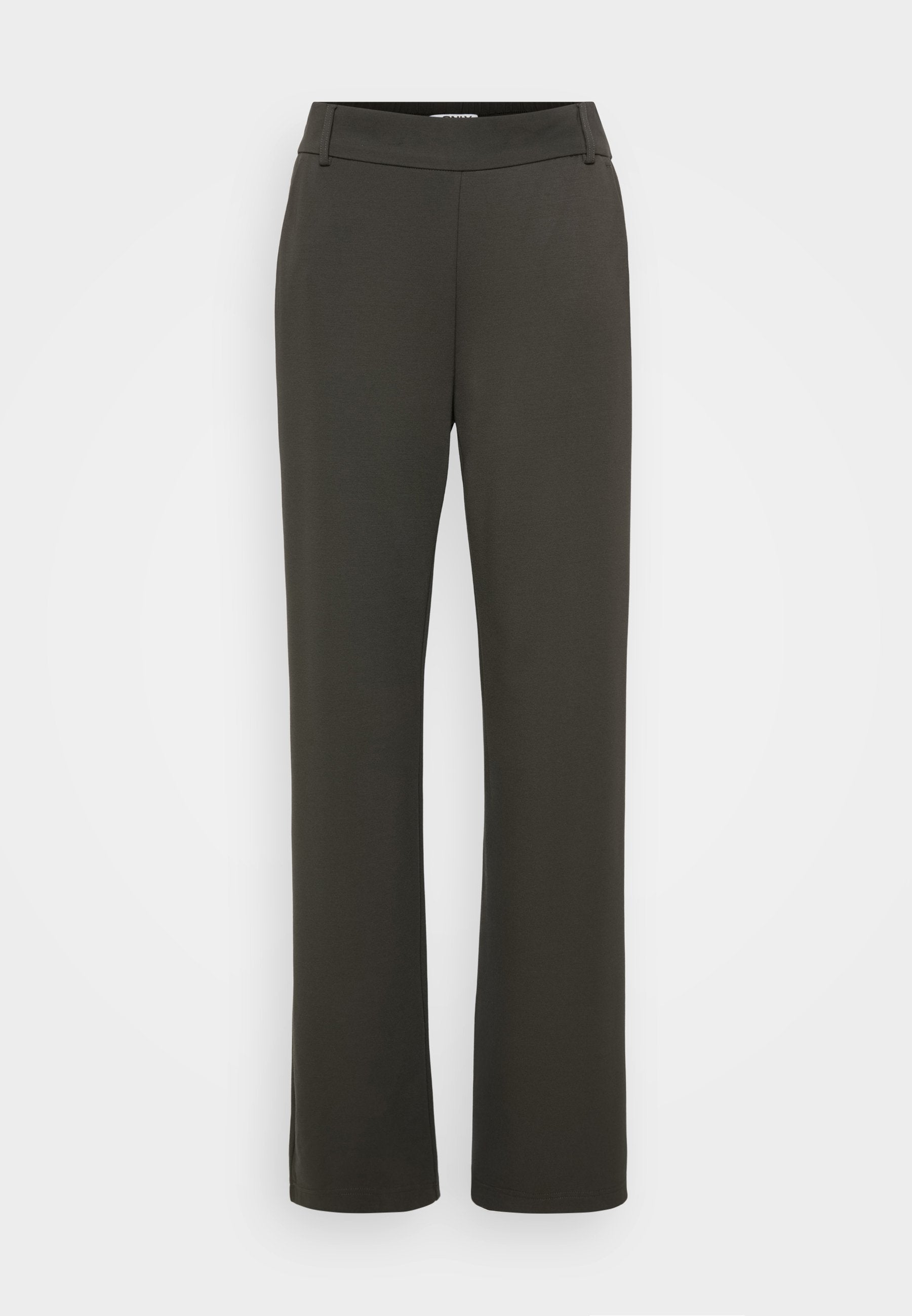 Dunkelgrüne Hose aus glattem, elastischem Material, mit einem flachen Bund und geradem Bein. Keine sichtbaren Taschen oder Verzierungen.